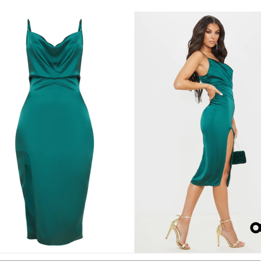 PrettyLittleThing Emerald Green Satin Cowl neck midi dress